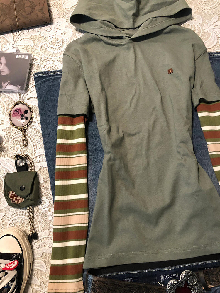 splicing fake two-piece striped long-sleeved top