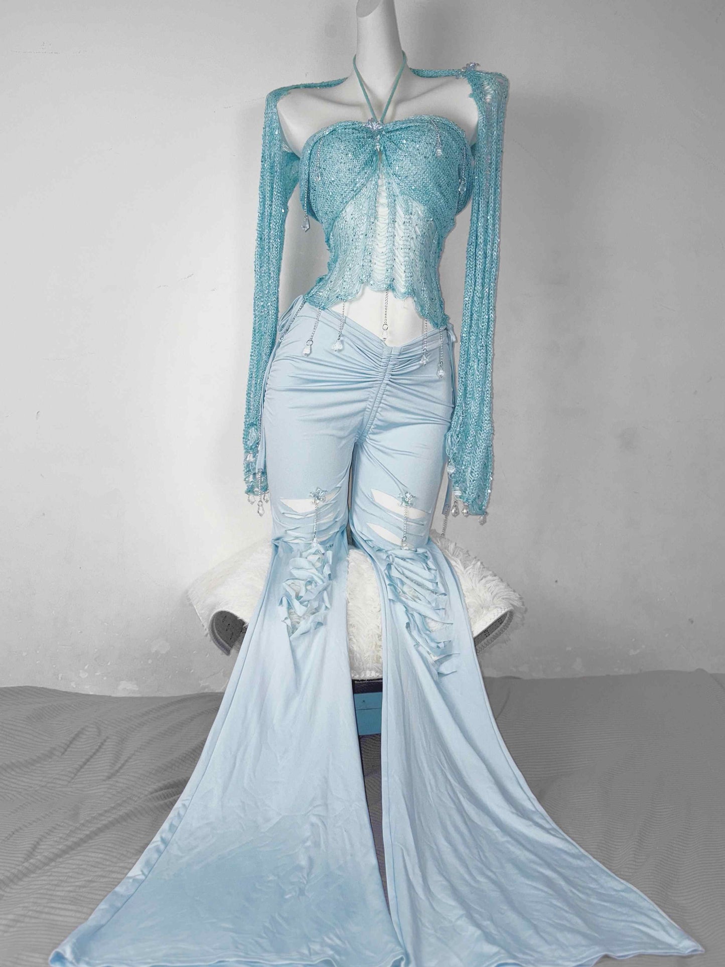 Blue Sequined Handmade Crochet Tube Top