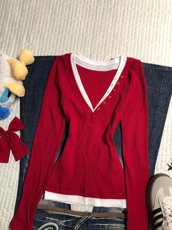red v-neck fake two-piece sweater