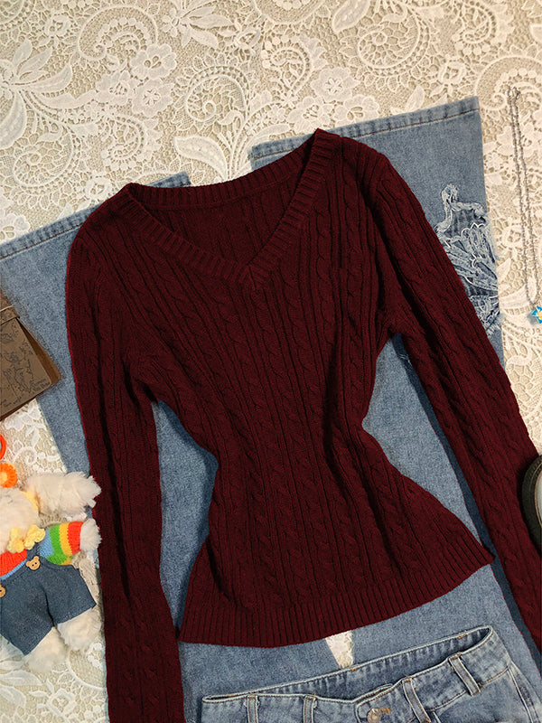 blue long-sleeved v-neck twist sweater