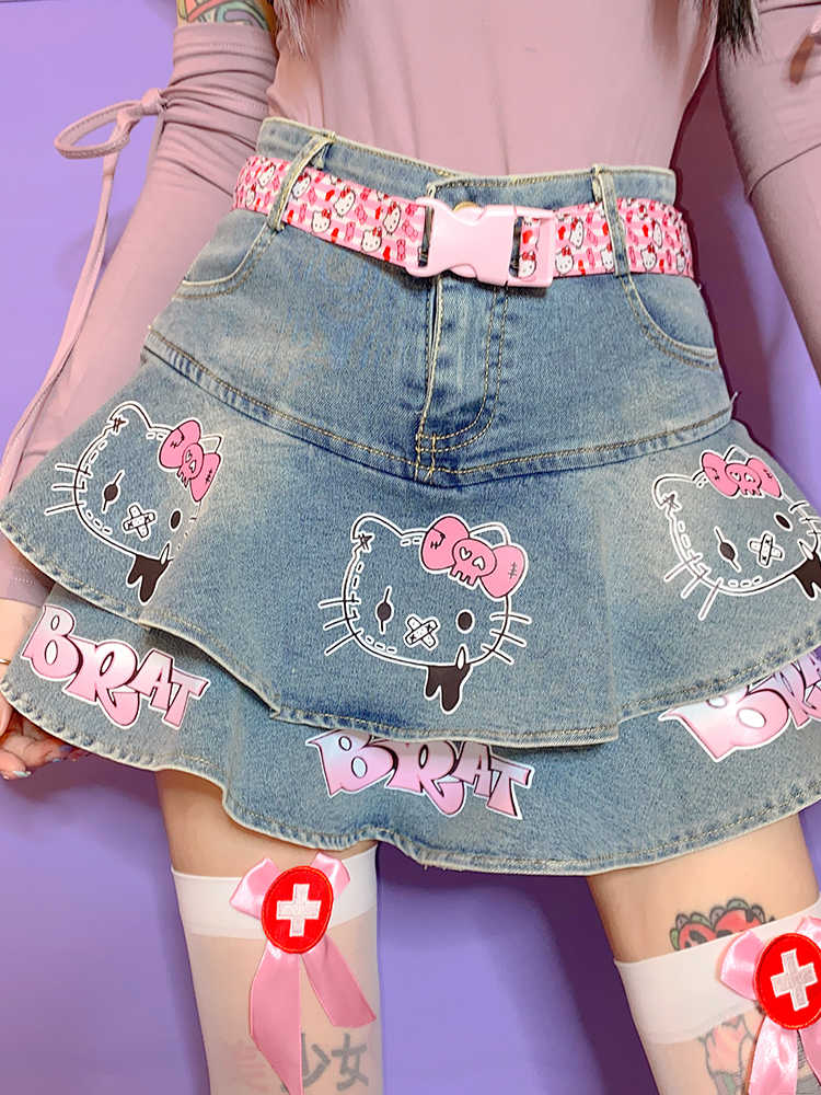 Y2K Kitty Denim Skirt