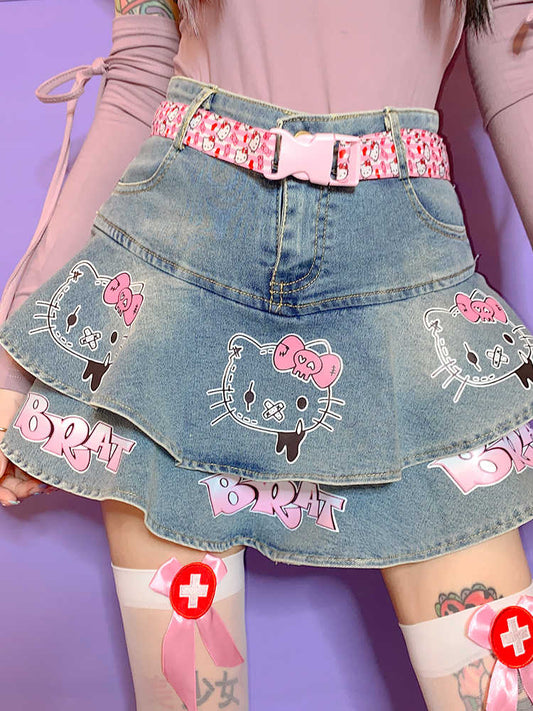 Y2K Kitty Denim Skirt