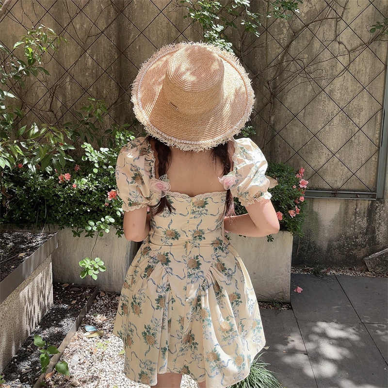 Square Neck Lace Puff Sleeves Dress