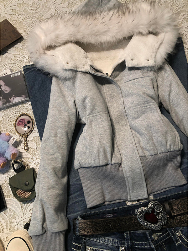 retro fur hooded slim sweatshirt