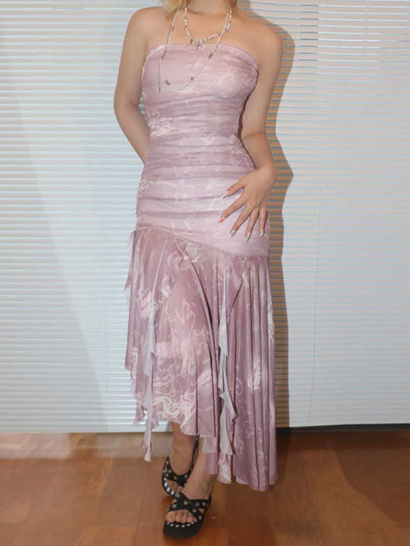 Pleated Mesh Tulle Irregular Dress