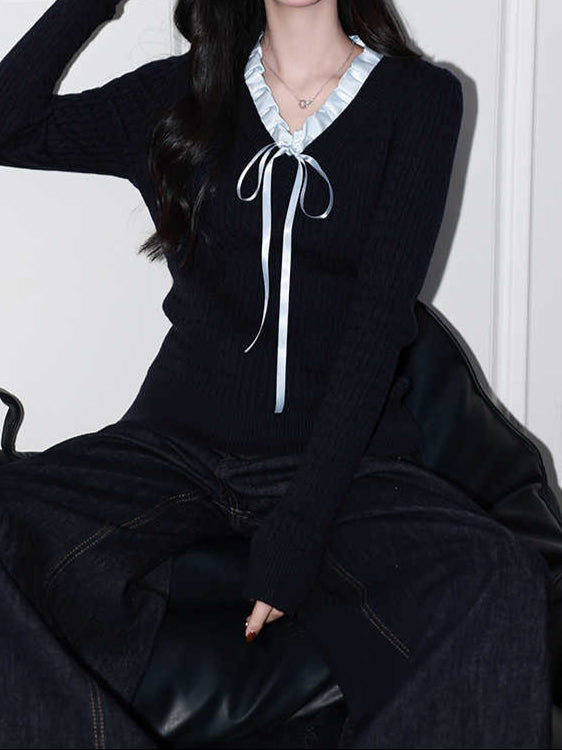 Coquette Bow Ruffled V-neck Sweater