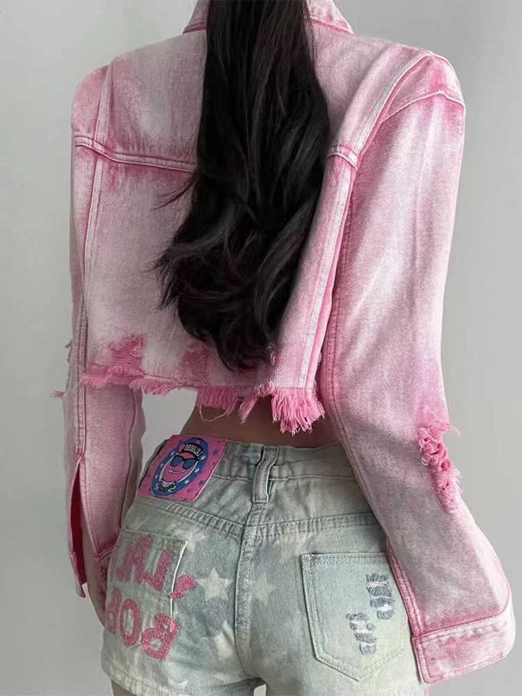 Y2K Pink Ripped Denim Crop Jacket