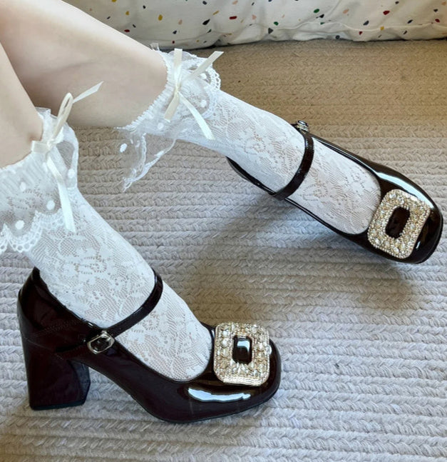 French Square Buckle Rhinestone Mary Jane Shoes