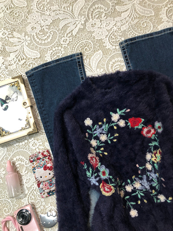 flower embroidery retro sweater