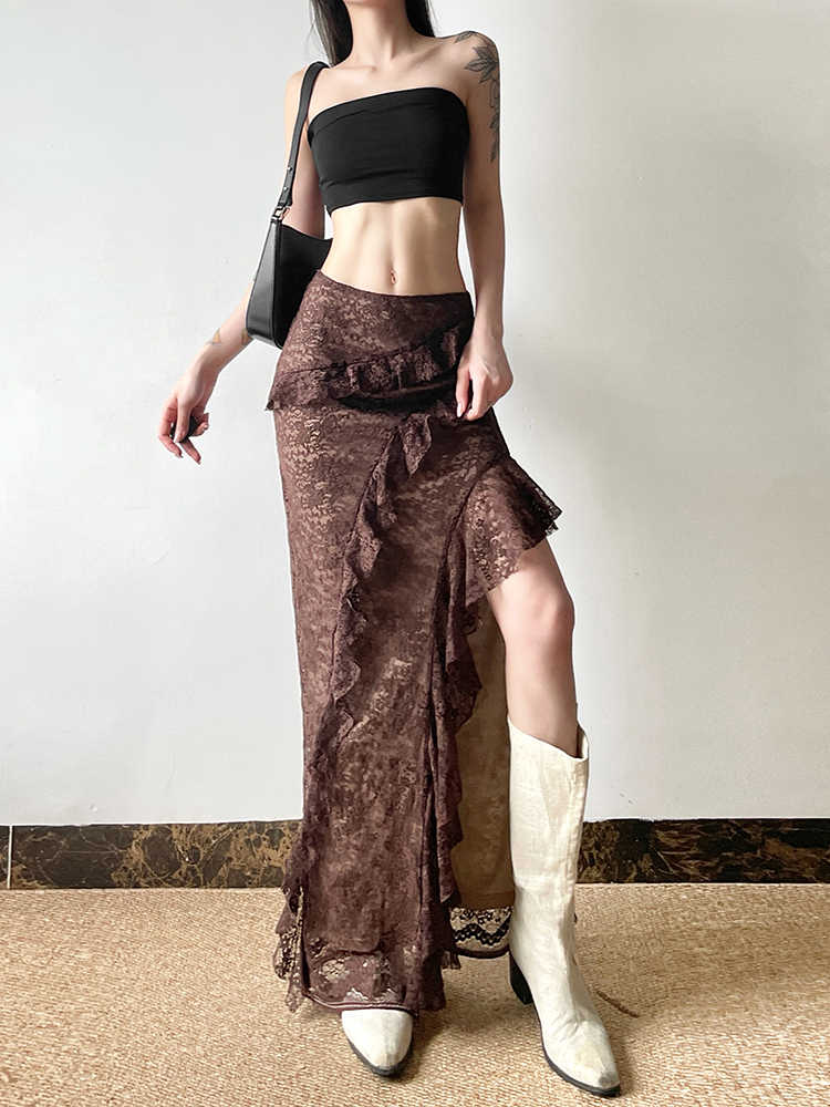 Fairy Grunge Brown Lace Split Skirt