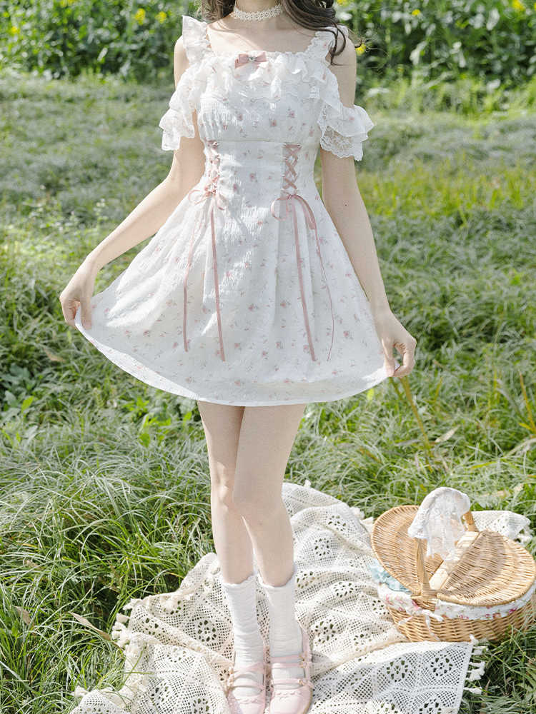 Japanese Off-shoulder Floral Lace Dress