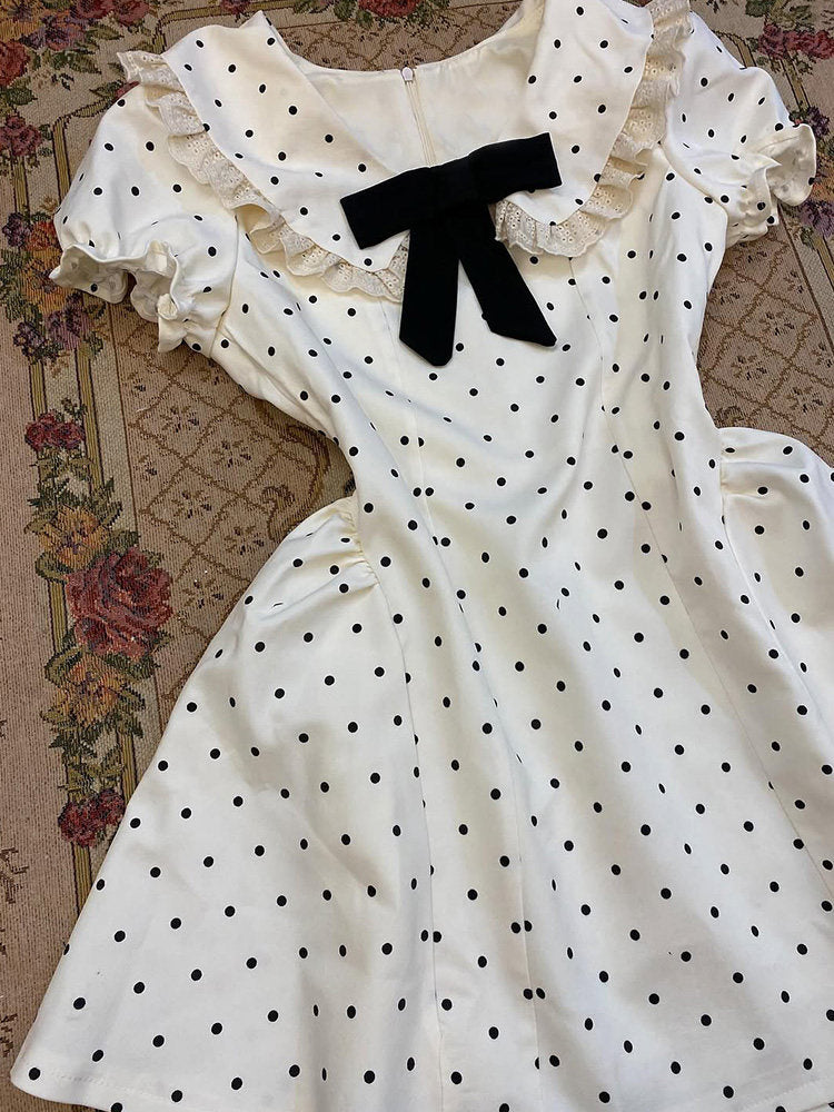 French white bow polka dot dress