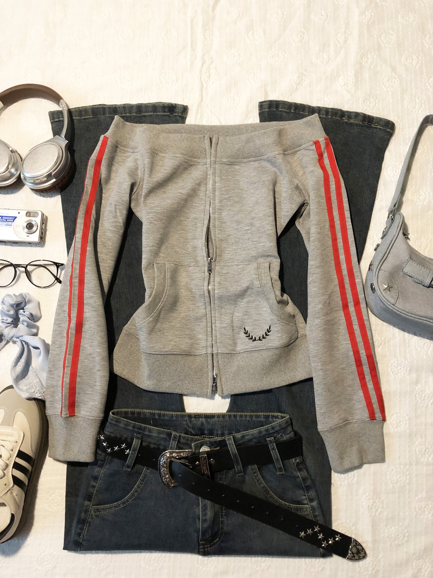 vintage sports striped off-shoulder jacket
