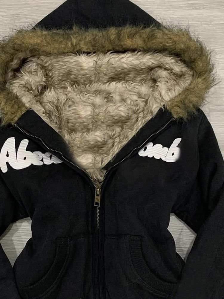 retro black fur collar hooded jacket