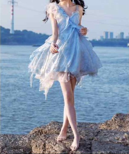 Blue Bubble Mesh Irregular Dress