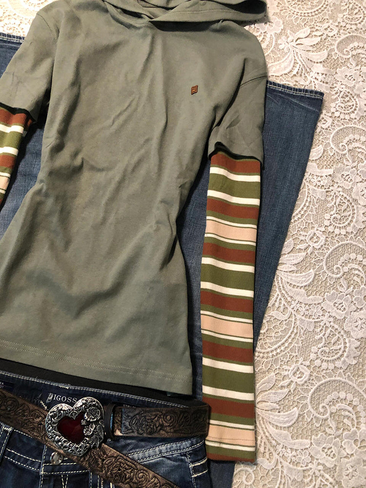 splicing fake two-piece striped long-sleeved top