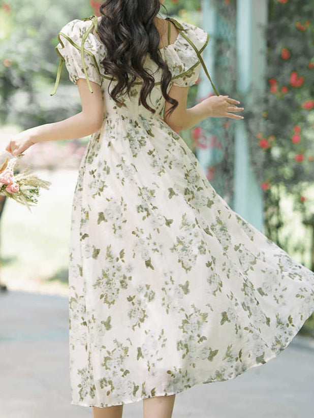 Tea Break Ruffled Shoulder Green Floral Dress