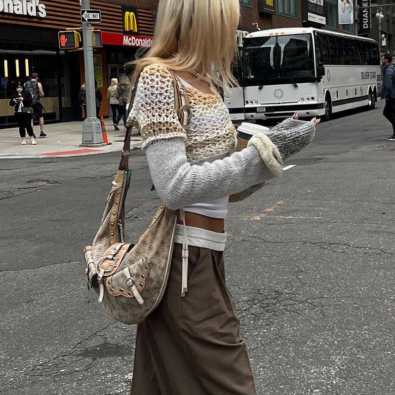 crochet street casual round neck striped long-sleeved top