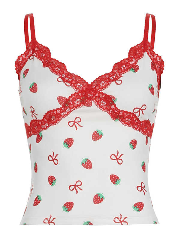 Strawberry Print Bow White Tank Top