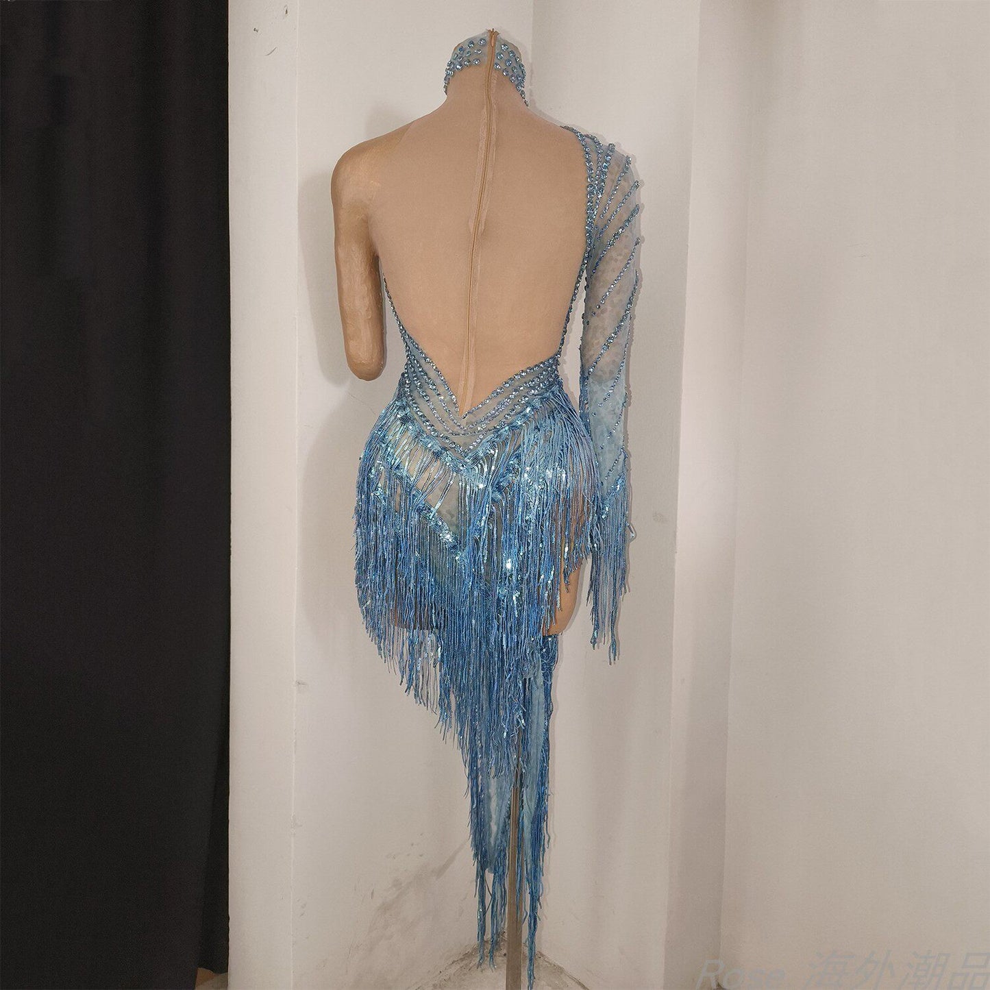 Blue one-shoulder rhinestone fringe dress