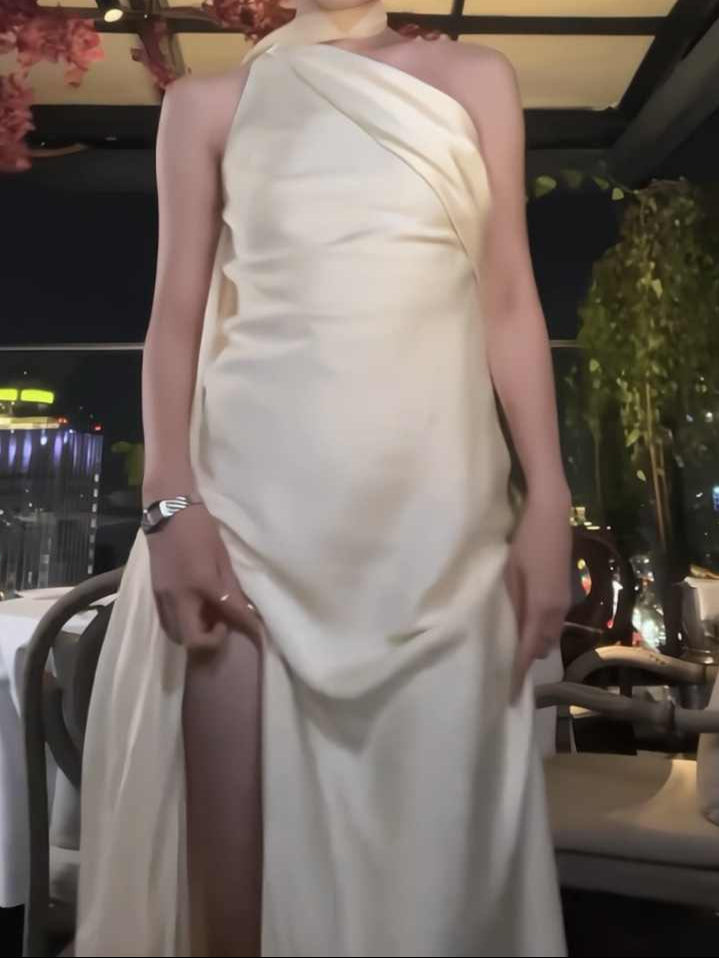 Satin Oblique Shoulder Backless Dress