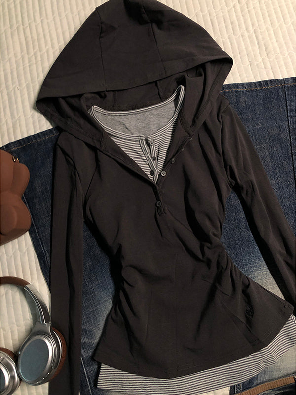 gray fake two-piece hooded sweatshirt
