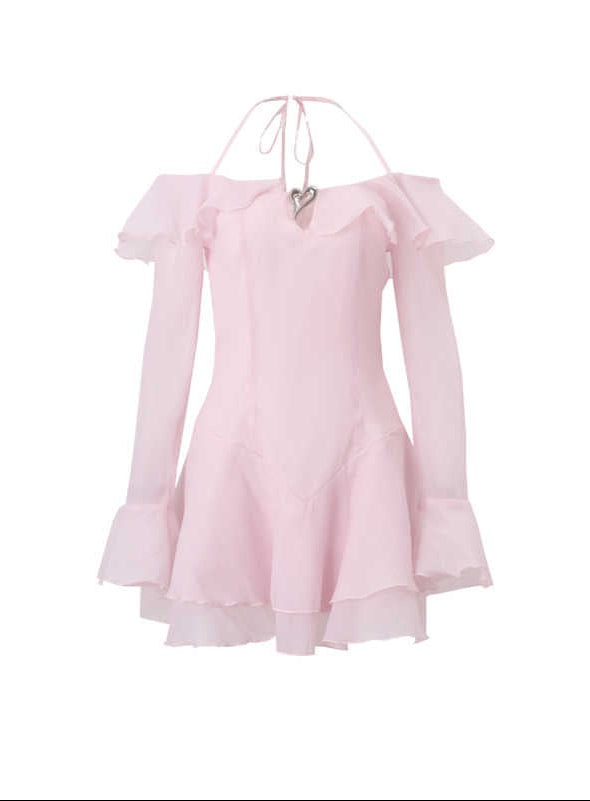 Ruffled Off-shoulder Long-sleeved Coquette Dress