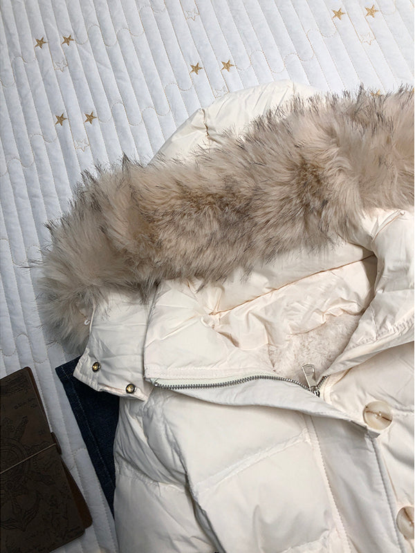 apricot fur collar hooded down jacket