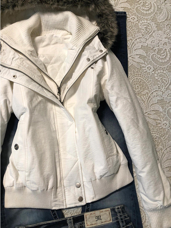 retro white quilted fur collar hooded cotton coat