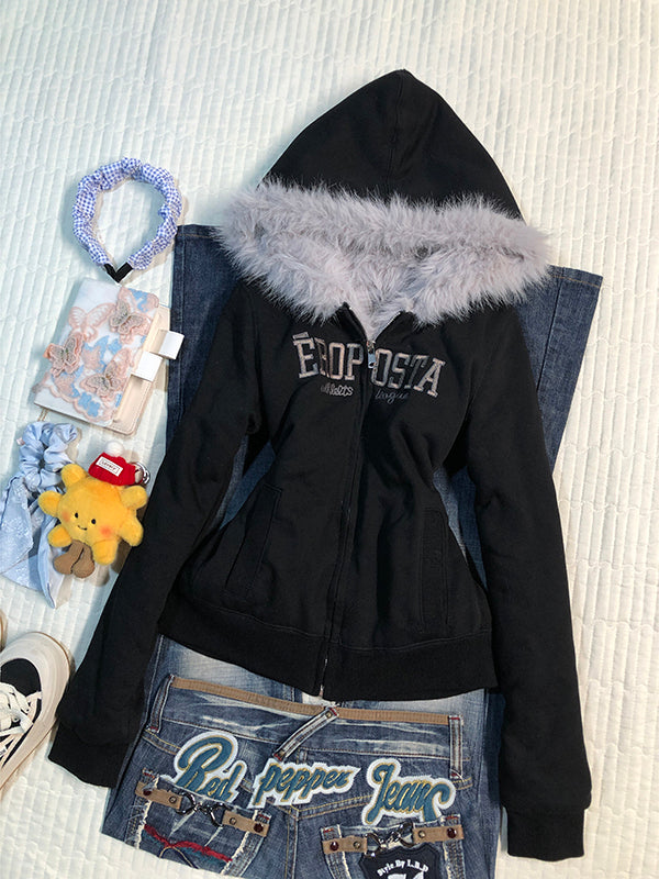 gray velvet hooded jacket