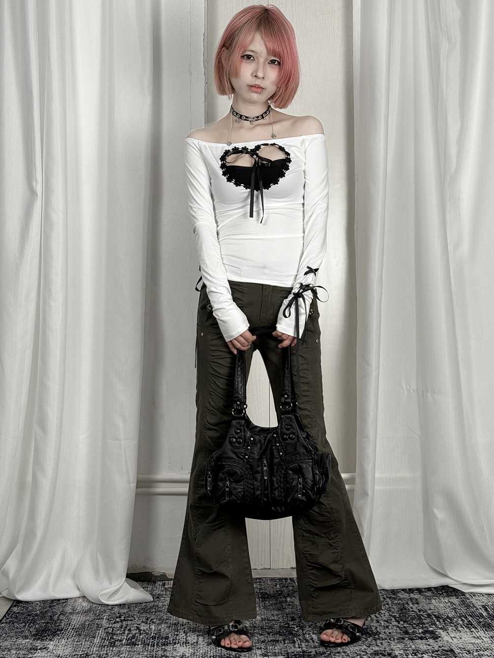 Off-shoulder Heart Hollow Bow Tie Long-sleeved Top