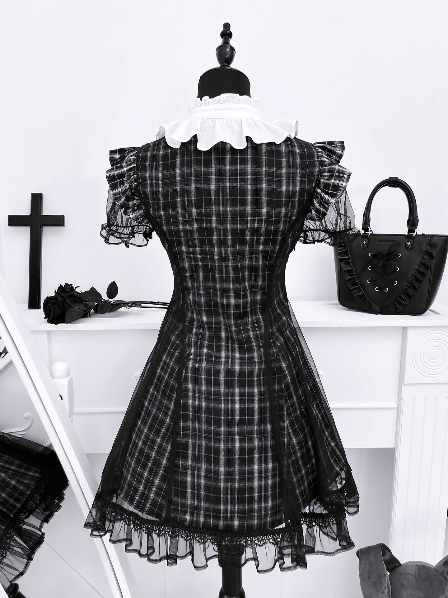 Dark Coquette Lace Plaid Dress