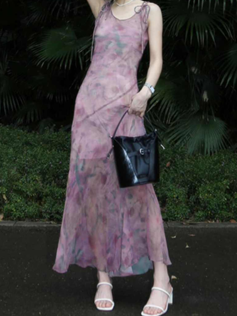 Rose Smudged Chiffon Floral Dress
