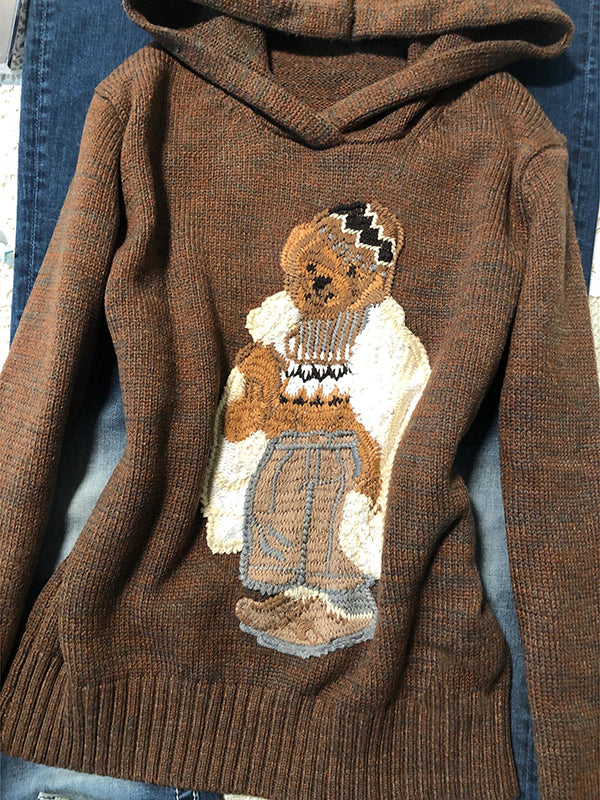 American retro brown bear embroidered hooded sweater