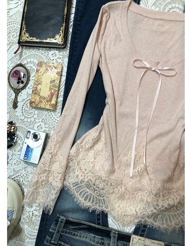 retro pink lace chiffon long-sleeved top