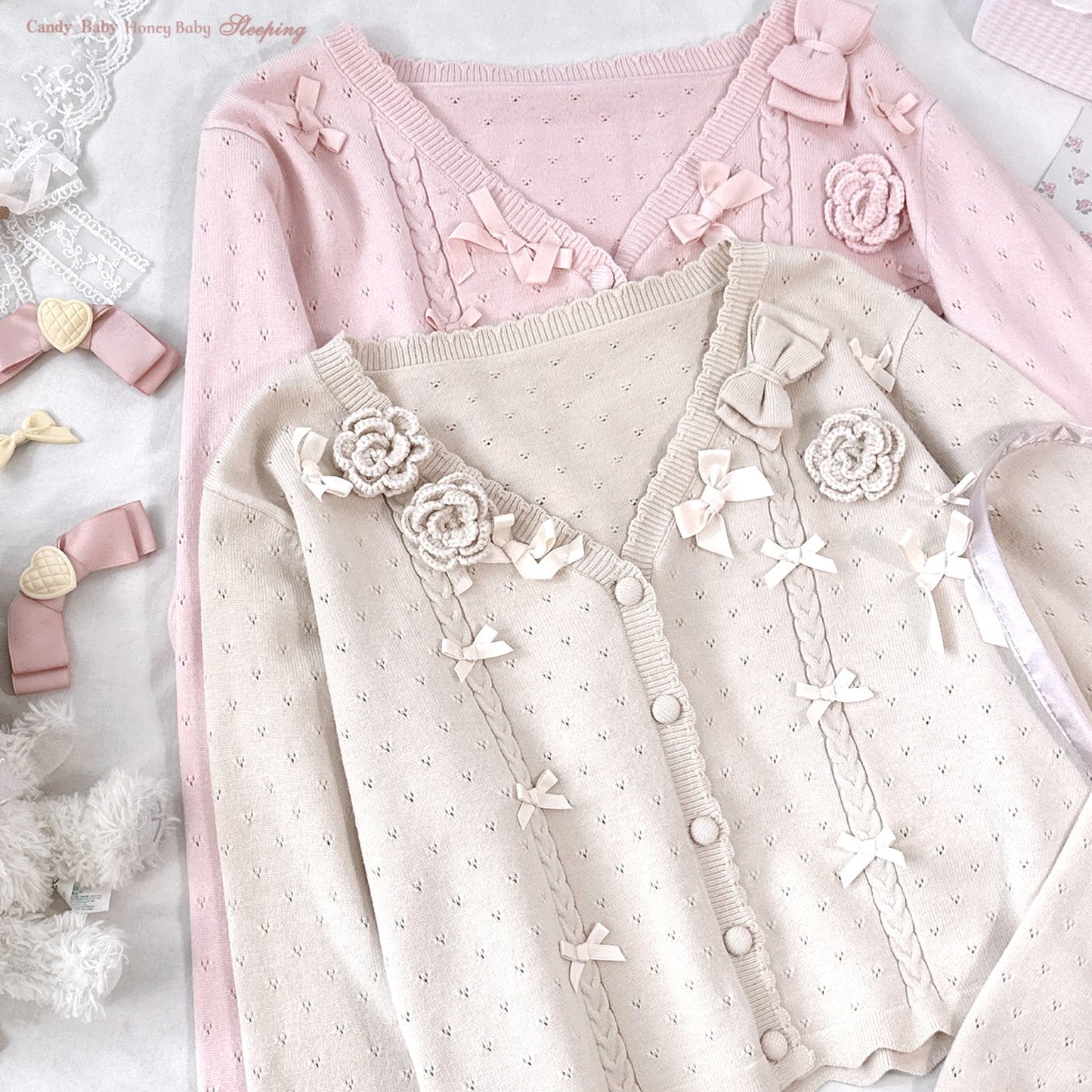 bow rose twist hollow knitted cardigan
