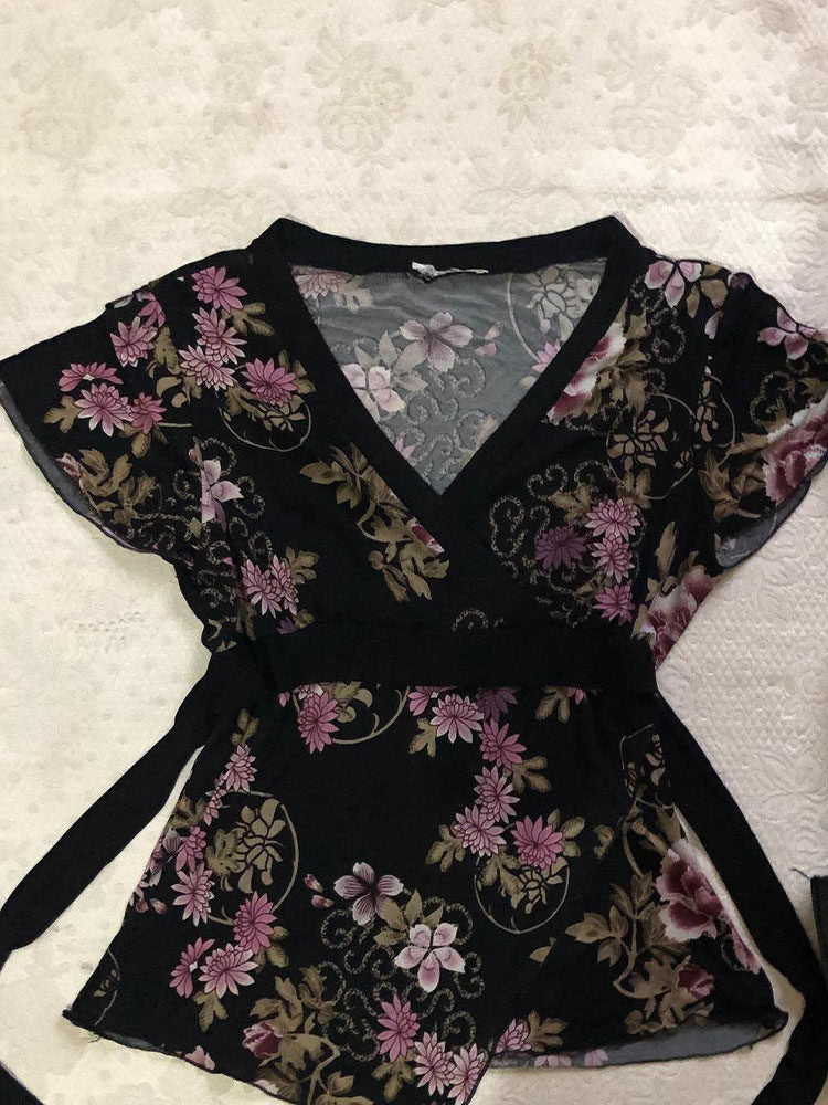 black floral v-neck shirt