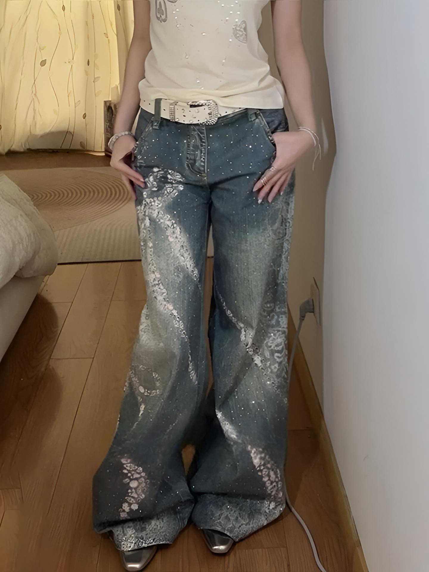 Butterfly Print Wide Legs Jeans