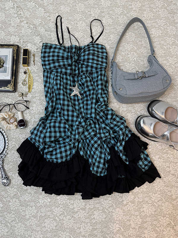 Retro Plaid Suspender Dress