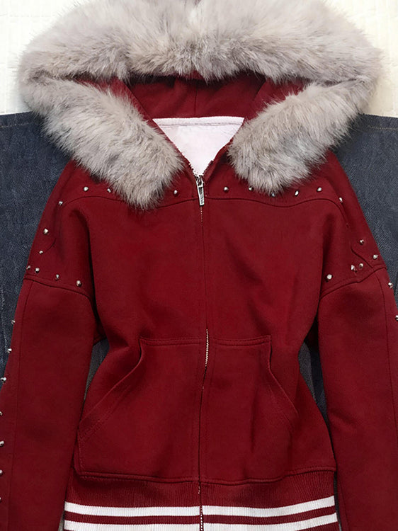 retro red plush collar hooded jacket