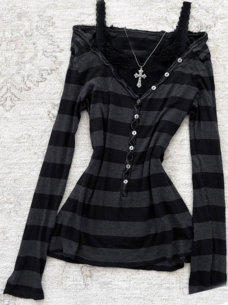 goth striped off-shoulder long-sleeved top
