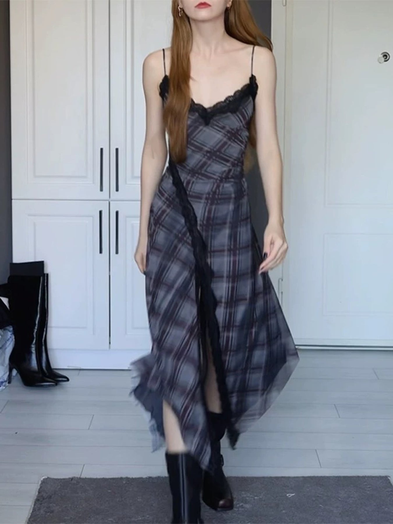 Plaid Lace Spliced Slit Dress