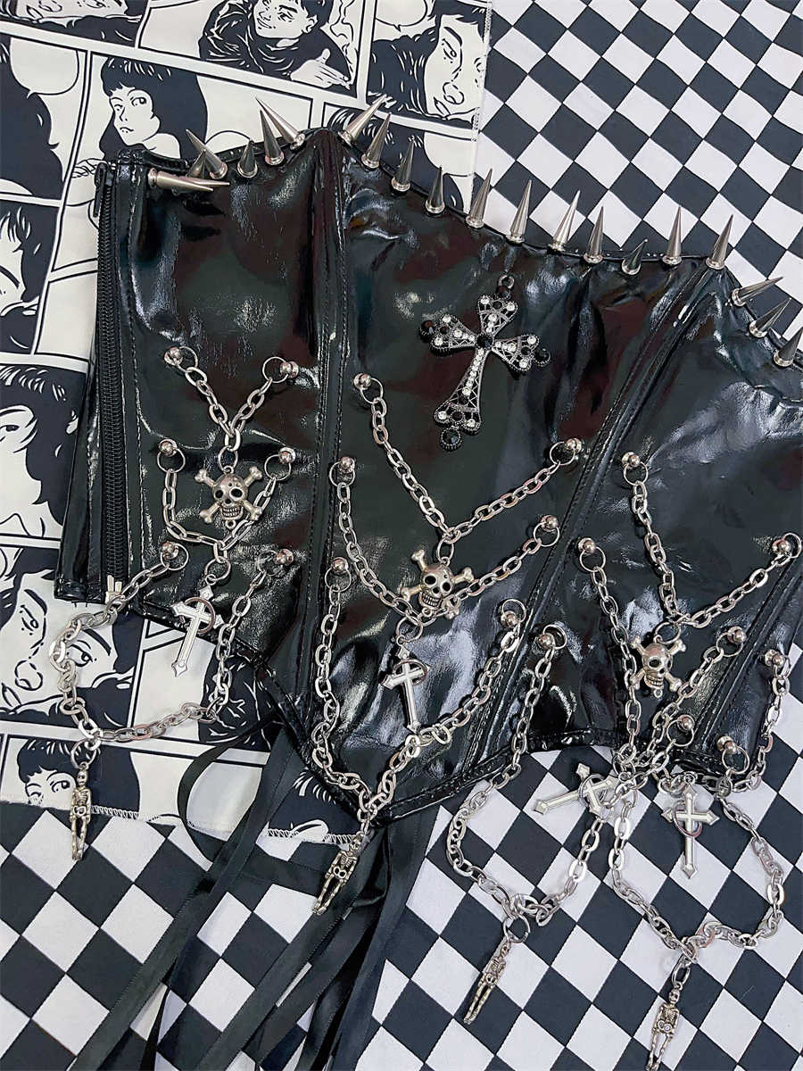 Goth Punk Skull Leather Cross Tube Top