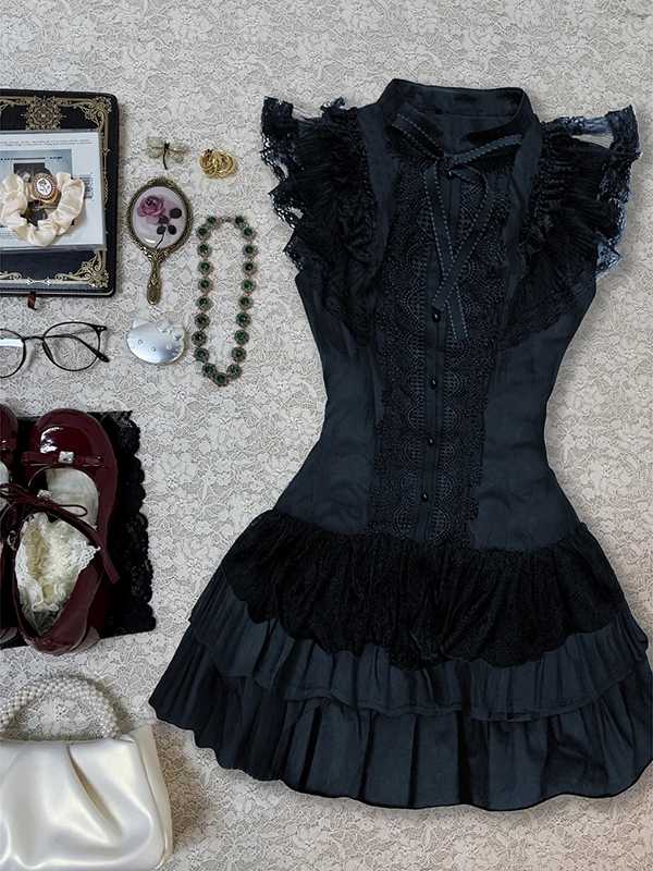 Black Lace Patchwork Shirt Dress