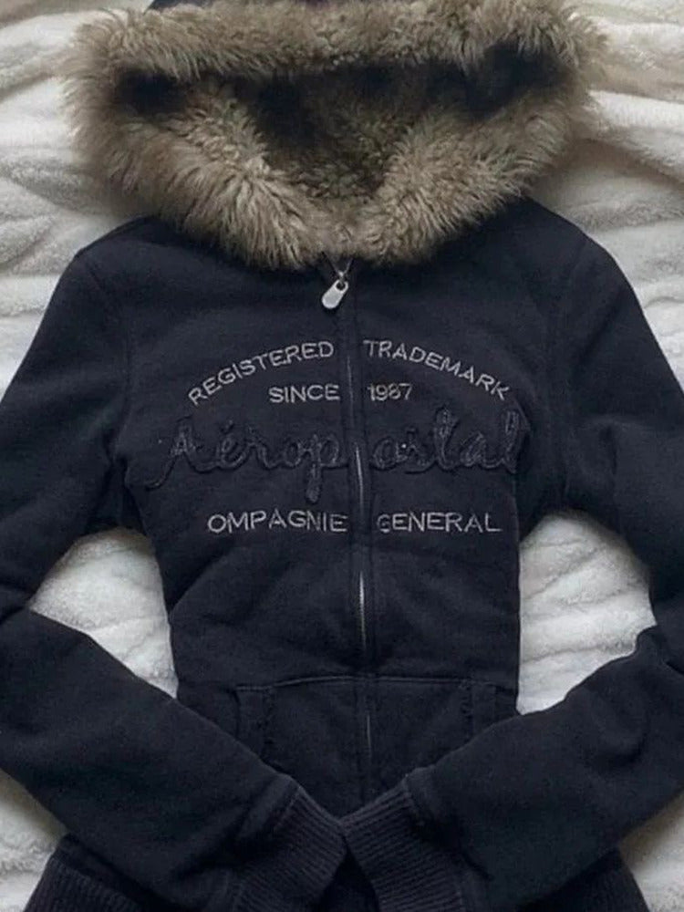 y2k retro pink letter fur collar hooded jacket