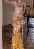 Lace Knitted Stretch Irregular Tube Top + Gold Spliced Skirt Set