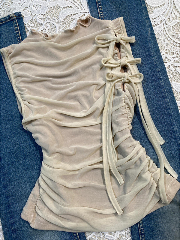 Retro beige bows straps top