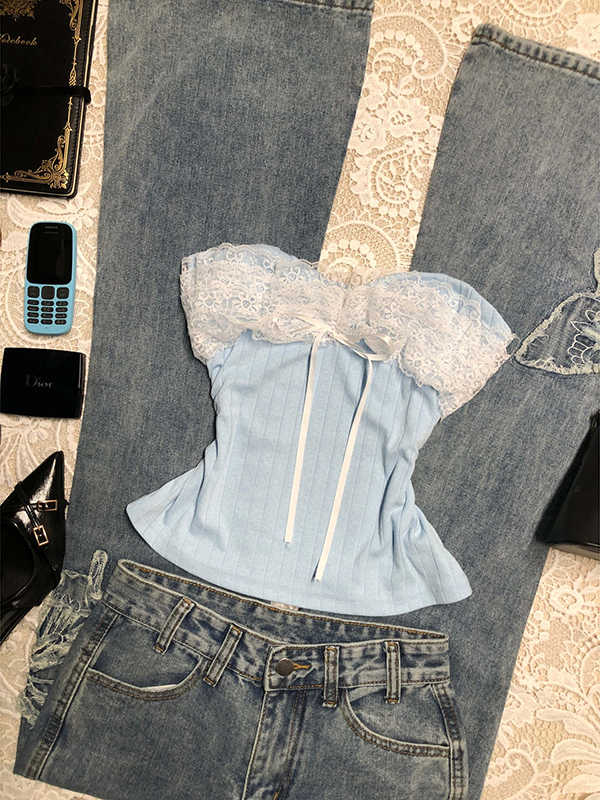 Blue Lace Spliced Knitted Tube Top