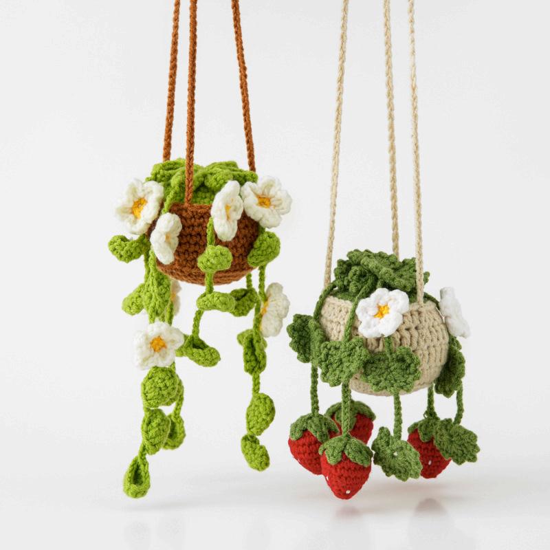 DIY woven strawberry flower basket car pendant
