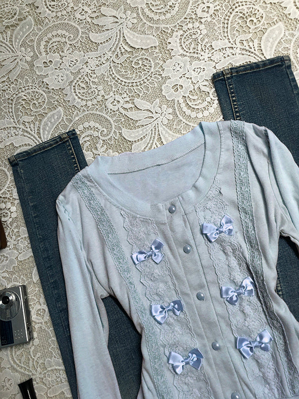 blue bow long-sleeved cardigan